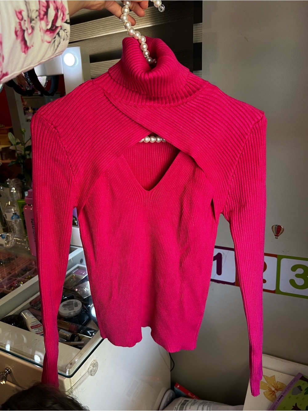 H&M Hot Pink Ribbed Cutout Turtleneck Sweater
